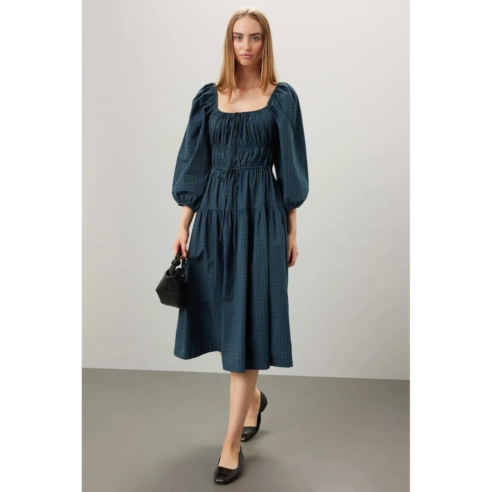 Ciao Lucia Rochelle Dress Blue Plaid Square Neck Tiered Midi Puff Sleeve Size XL